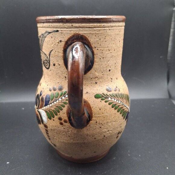 Handcrafted Signed Mexican Ceramic Vase Bird Floral Motif Double Handled Pottery - Picture 4 of 7